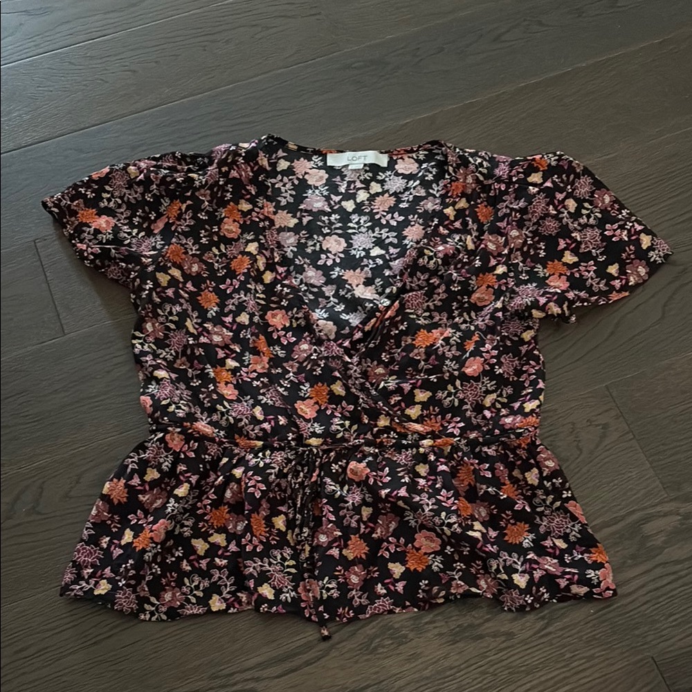 LOFT Orange and Black Wrap Peplum Blouse Short Sleeve